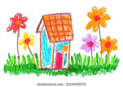 Cute children’s drawing crayon illustration of house with flower in sunny day.