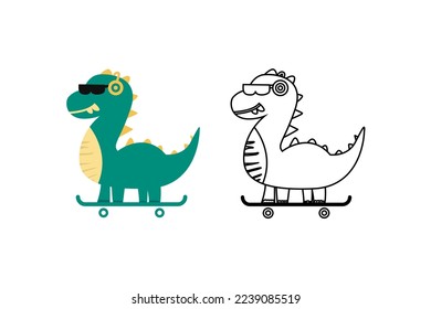 Cute drawing dino listening music on skateboard for kids