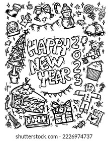 cute drawing doodle cartoon happy new year 2023 theme. vector outline hand drawn for decorations Christmas and new year party , including ornament item and equipment isolated on white background.