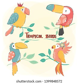 cute drawing flat vector tropical bird set, colorful summer 