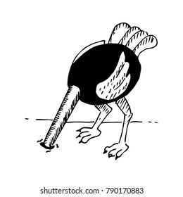A cute drawing of a frightened ostrich with head hidden in the ground. 