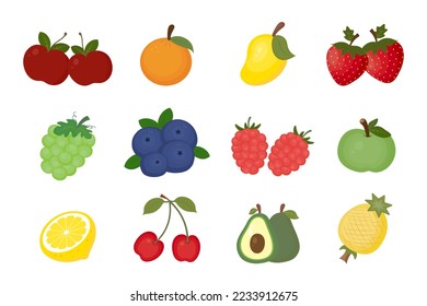 Cute drawing fruits flat icon set isolated on white background.Vector.Illustration. 