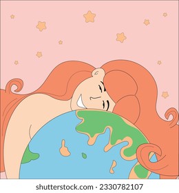 Cute drawing girl with planet.