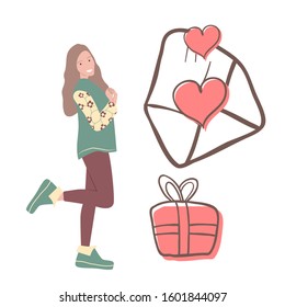 Cute drawing of a girl who received a gift. A love letter and a gift for Valentine's Day.