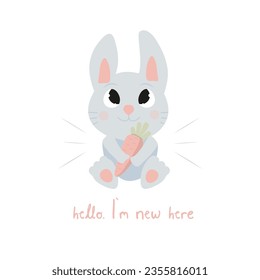 Cute drawing of a gray hare with a carrot. Vector illustration bunny on a white background for printing on children's clothing