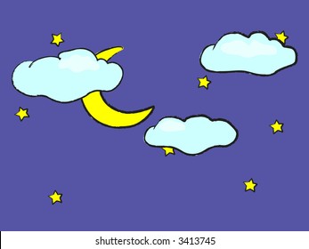 Cute Drawing Night Sky Moon Stars Stock Vector Royalty Free 3413745