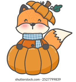 A cute drawing of an orange fox wearing a blue collar. Sitting in a big orange pumpkin hand painted Use as an illustration printed clothing patterns or make stickers