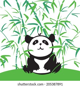 Cute drawing panda with bamboo, cartoon wildlife, vector illustration 