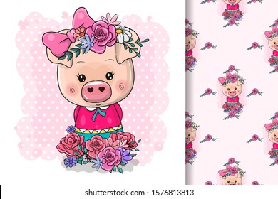 Cute Drawing Piggy girl isolated on a pink background