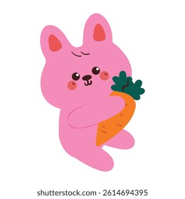 cute drawing pink bunny holding carrot. cute animal doodle for sticker, icon