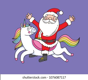 A cute drawing of santa riding a unicorn! Vector illustration. 