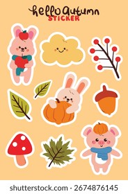 Lindo conjunto de dibujo de elemento de otoño para pegatina. lindo conjunto de pegatinas de otoño. dibujo de ambiente de otoño