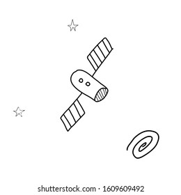 Cute drawing of a space satellite in doodle style. Illustration on the theme of space exploration, the study of planets, the search for other galaxies