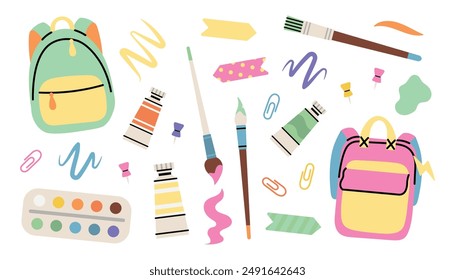 Cute drawing stationery collection. Set of elements: backpacks, set of watercolors, tubes, brushes, stickers, paper clips, stains of paint. Simple bright vector illustrations, flat style artist tools.