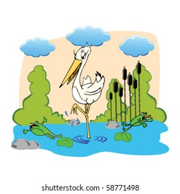 Cute drawing of a stork and frogs running away from it
