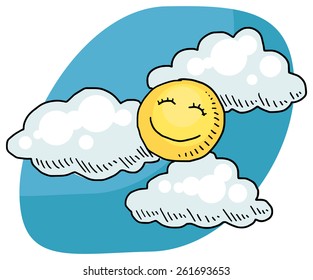 Cute drawing of a sun in blue sky with clouds, vector illustration