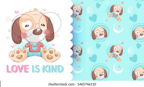 Cute drawing of teddy dog with pattern background