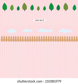 cute drawing of tree, cloud and fence with dotted polka dots pink background suitable for kids, children books, letterhead, letter, funny template, girls vector design concept idea