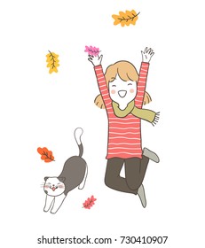 Cute drawing vector illustration happy girl jumping in leaves falling in autumn season.Doodle cartoon style.