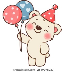 Un lindo dibujo de un oso blanco con mejillas rojas sosteniendo dos globos y usando un sombrero rojo en su cumpleaños. con una cara sonriente