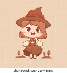 Cute drawing of a wicked witch little kid girl in a witch hat kawaii style