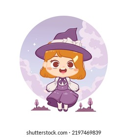 Cute drawing of a wicked witch little kid girl in a witch hat kawaii style