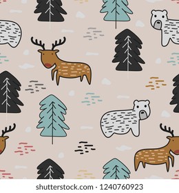 Cute drawing winter animal seamless pattern vector illustration. Funny reindeer and polar bear. Good for fashion holiday for kids and children.