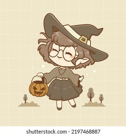 Cute drawing of a witch little kid girl in a witch hat hold pumpkin basket kawaii style