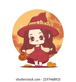 Cute drawing of a witch little kid girl in a witch hat hold pumpkin basket kawaii style