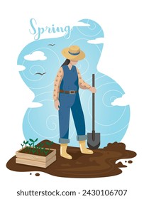 Cute drawing of work in the garden in spring. A woman in a yellow hat with a shovel works in the garden against a background of blue sky with clouds and birds. Nearby is a box of greens.