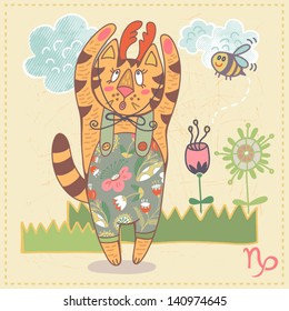 Cute drawing of a zodiac symbol with funny cat - Capricorn. One of a set. Vector illustration.