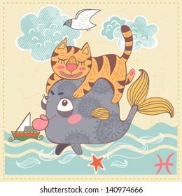 Cute drawing of a zodiac symbol with funny cat - Pisces. One of a set. Vector illustration.