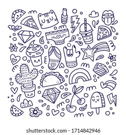 Cute drawings for patches and stickers - giant creative set including cactus, diamond, pizza, rainbow, ice cream, flip flops and lips . Cartoon style illustration set made in vector.