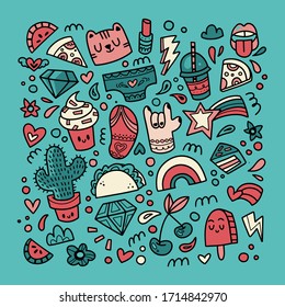 Cute drawings for patches and stickers - giant creative set including cactus, diamond, pizza, rainbow, ice cream, flip flops and lips . Cartoon style illustration set made in vector.