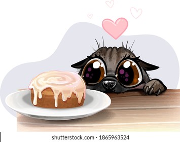 cute drawings of a pug with cupcake on a transparent background