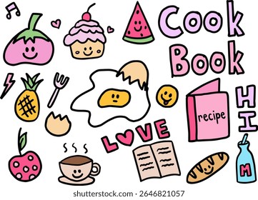 Desenhos bonitos de tomate sorridente, cupcake, melancia, ovo, café quente, abacaxi, cereja, pão, livro de receitas, leite para personagem de desenho animado, cômico, compras de supermercado, comida, adesivo, livro de cozinha, receita