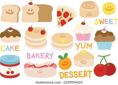 Cute drawings of sweet cupcake, pancake, pizza, hotdog, orange, cherry, cinnamon roll, jam and bread. For cafe and restaurant decoration, menu sticker, recipe, cook or baking book, pastry and bakery.