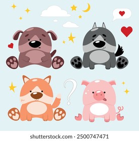 Cute drawn animals, dog, wolf, fox, piglet on a blue background with stars, hearts, clouds.