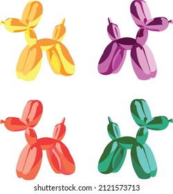 Cute drawn balloon dog. Vector illustration. Cartoon Bubble Dog in red, yellow, green, and magenta on a white background. Design element for poster, postcard, invitation.