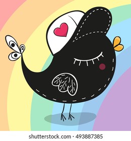 Cute drawn bird with on a rainbow background