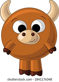 Cute drawn brown bull in cartoon style