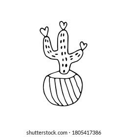 cute drawn drawn cactus in a pot isolated on white background. Single hand drawn cactus in pot., black outline isolated on white background.Cute element for card, social media,networks,T-shirts,flower