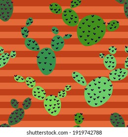Cute Drawn Cactus Prickly Pear Seamless Pattern Stripes