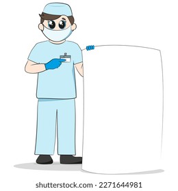 A cute drawn cartoon dentist with big kind eyes holds a big white placard, banner, poster, reminder, sheet of paper in his hand. Reminder, advice to children and adults, advertising, vector illust