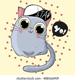 Cute Drawn Cat in a cap with big eyes