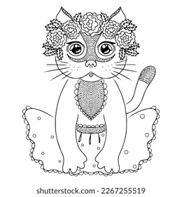 Cute drawn cat for children coloring book or page. Vector cat for kids learning