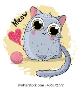 Cute drawn cat made heart from the tangle of threads