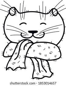 Cute drawn cat in scarf. isolated contour illustration for fabric, poster, postcard, etc.	
