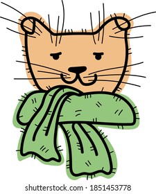 Cute drawn cat in scarves. isolated contour illustration for fabric, poster, postcard, etc.