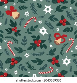 adorables elementos de navidad dibujados - ramas de abeto, campanas, copas, mistletoe, copos de nieve, hojas. 
 patrón vectorial sin fisuras para papel de envoltura, fondo, tela. conjunto de objetos aislados
